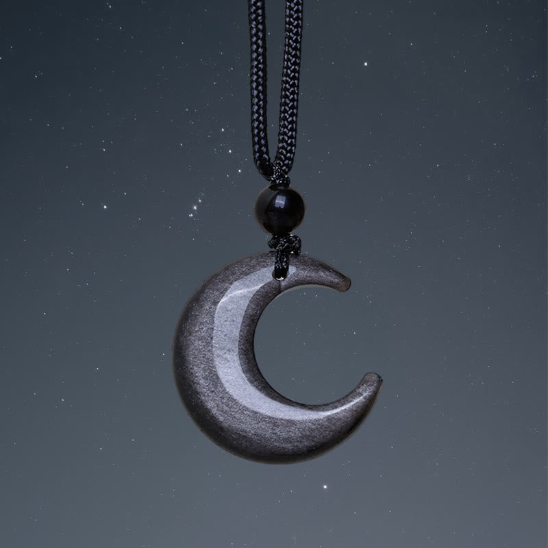 Collier pendentif en forme de croissant de lune en cristal d'obsidienne et de sélénite avec Buddha Stones et argent naturel, protection du couple Yin Yang - Obsidienne argentée - image 2