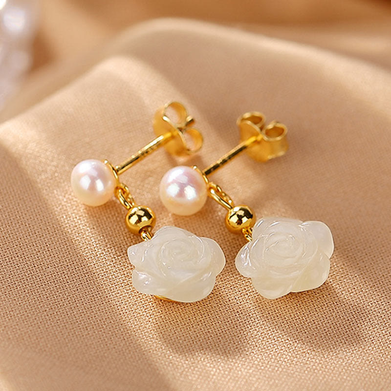 Buddha Stones d'oreilles porte-bonheur en argent sterling 925 plaqué or et jade rose avec perles de jade cyan