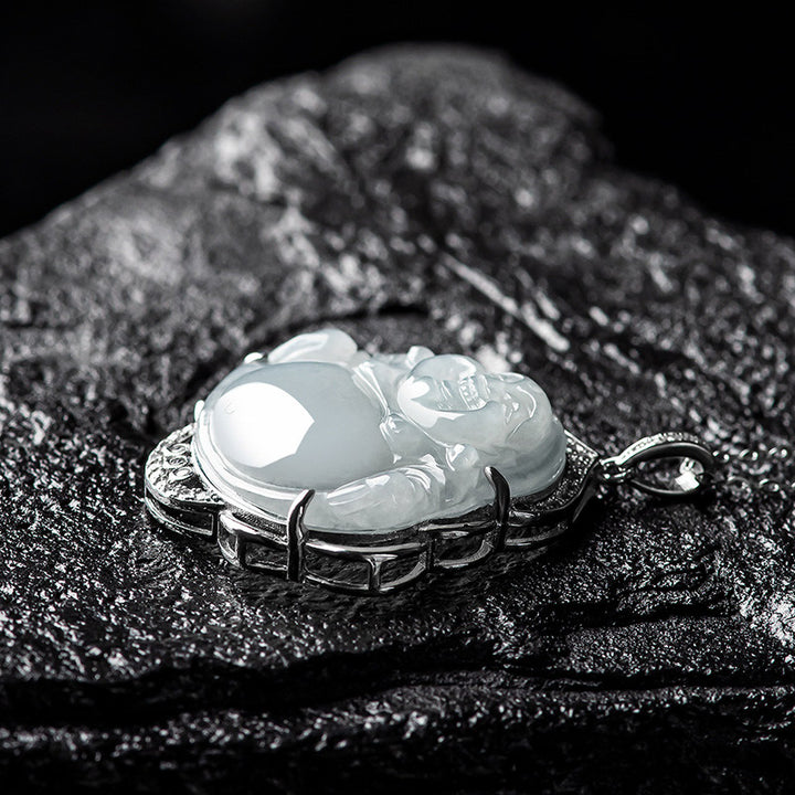 Collier Buddha Stones rieur en jade naturel, symbole d'abondance, avec chaîne en acier titane et pierres de Bouddha - image 5