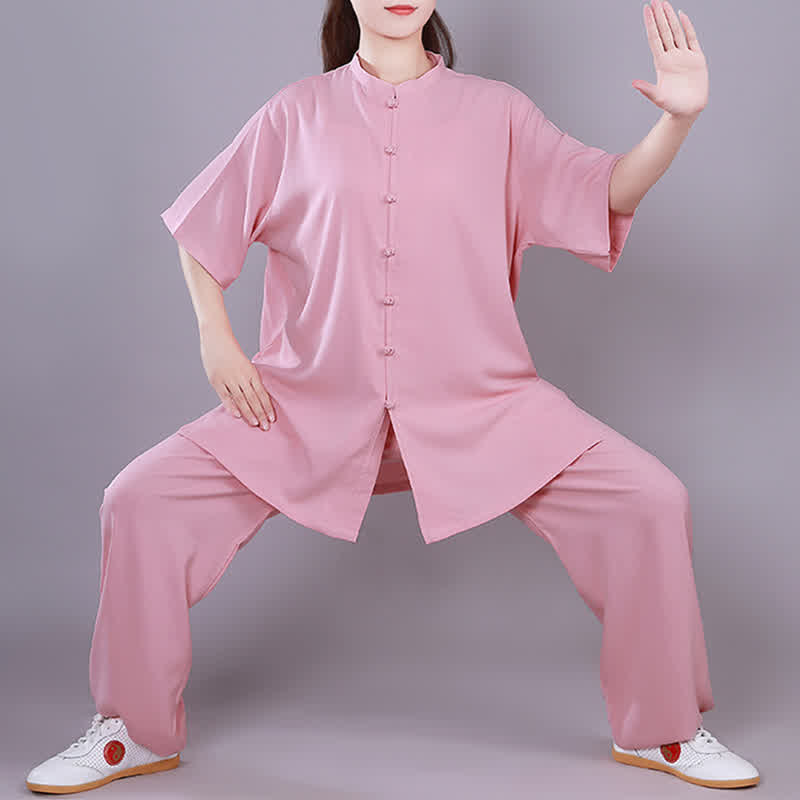 Ensemble de vêtements unisexe en coton et lin avec Buddha Stones , Tai Chi, Qigong, méditation, prière, pratique spirituelle zen - Rose - manches courtes - US14，UK/AU18，EU46 (3XL)  - image 9
