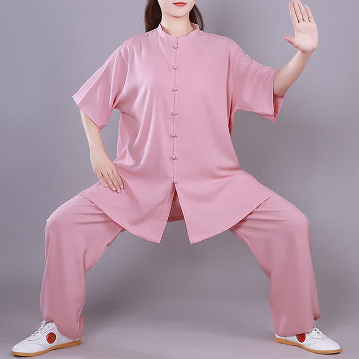 Ensemble de vêtements unisexe en coton et lin avec Buddha Stones , Tai Chi, Qigong, méditation, prière, pratique spirituelle zen - Rose - manches courtes - US14，UK/AU18，EU46 (3XL)  - image 9