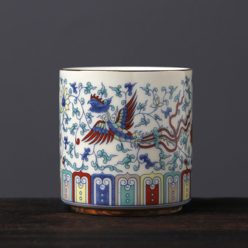 Buddha Stones Vintage Fleur de Prunier Pin Bambou Phénix Kirin Lion Dansant Tasse à Thé en Céramique Tasses à Thé