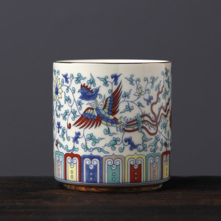 Buddha Stones Vintage Fleur de Prunier Pin Bambou Phénix Kirin Lion Dansant Tasse à Thé en Céramique Tasses à Thé