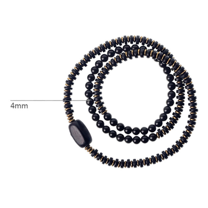 Bracelet triple tour de guérison en cuivre et bois d'ébène avec Buddha Stones arc-en-ciel et obsidienne