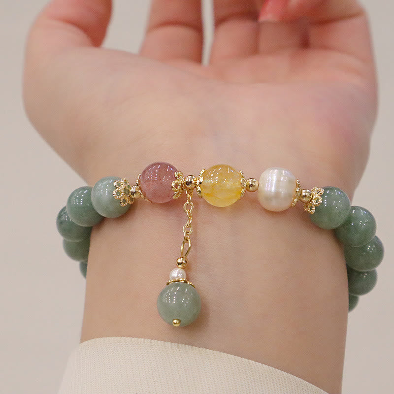 Bracelet porte-bonheur en perles de jade et quartz fraise avec Buddha Stones