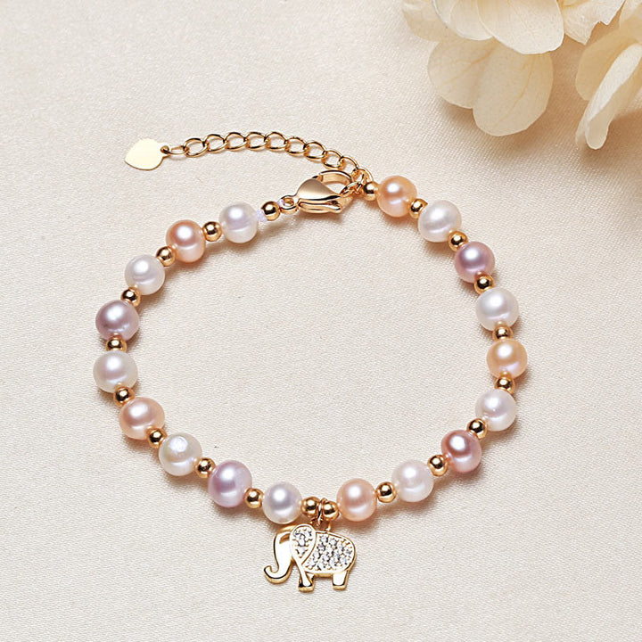 Bracelet de Sincérité Plaqué Or 18K avec Perles et Zircon Éléphant en Buddha Stones