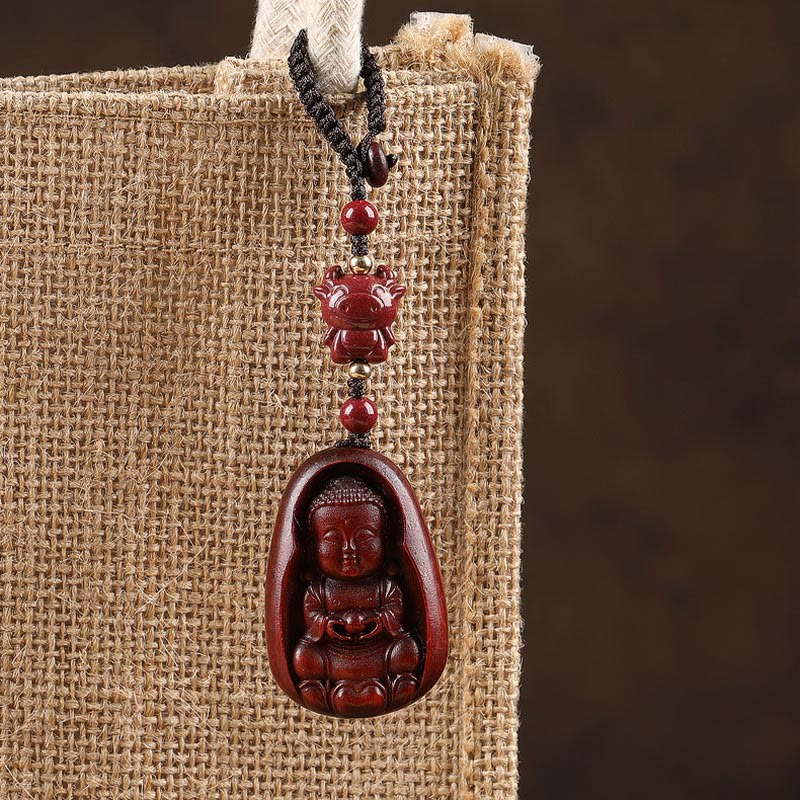 Porte-clés de protection en Buddha Stones en bois de santal rouge à petites feuilles, amulette du zodiaque chinois en cinabre