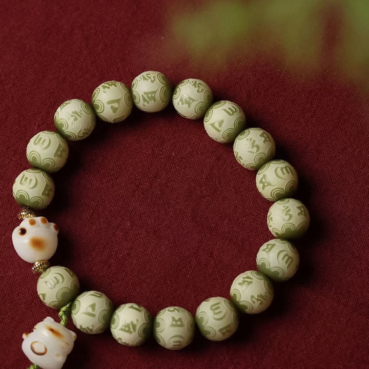 Bracelet de sagesse gravé en forme de patte de chat avec graines de Bodhi vertes et pierres de Buddha Stones Om Mani Padme Hum - image 9