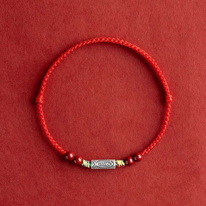 Bracelet de cheville tressé artisanal en argent sterling 925 avec perles de cinabre et poisson koï de Buddha Stones