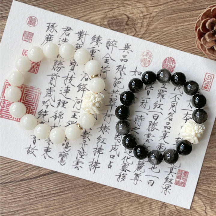 Bracelet de protection en obsidienne argentée et brillante de Buddha Stones , graine de Bodhi, ivoire, fruit, lion dansant