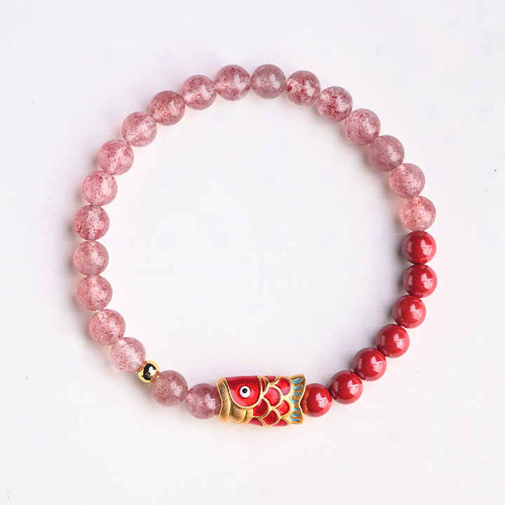 Bracelet de guérison porte-bonheur en quartz fraise et cinabre en Buddha Stones