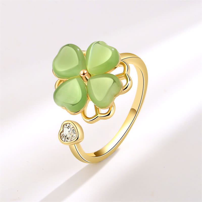 Bague rotative en zircon avec trèfle à quatre feuilles et œil de chat en Buddha Stones