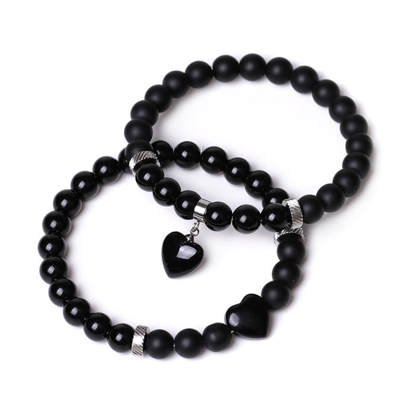 Bracelet de couple en pierre de cristal d'onyx noir Buddha Stones 2 pièces Protection du cœur d'amour