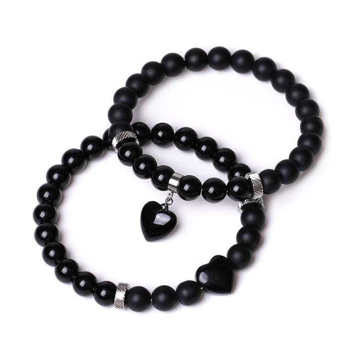Bracelet de couple en pierre de cristal d'onyx noir Buddha Stones 2 pièces Protection du cœur d'amour