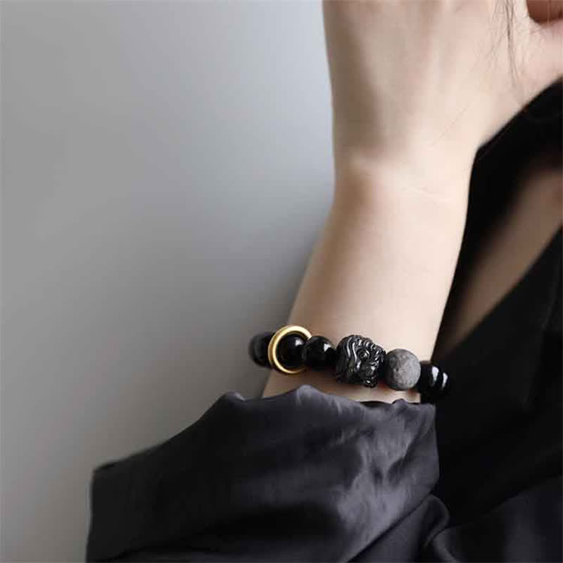 Bracelet Force du Lion en Obsidienne Noire et Argent