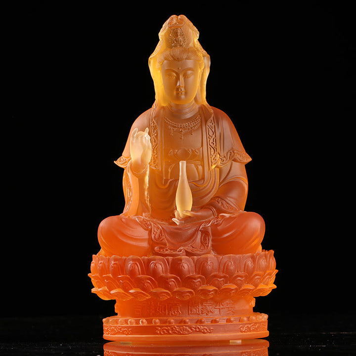 Buddha Stones Kwan Yin Avalokitesvara Figurine faite à la main Pièce d'art en cristal Liuli Statue de richesse Décoration d'offrande pour la maison - 23 cm couleur ambre - image 7