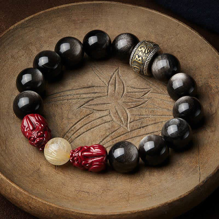 Bracelet de protection en Buddha Stones dorée et brillante PiXiu Cinabre Om Mani Padme Hum