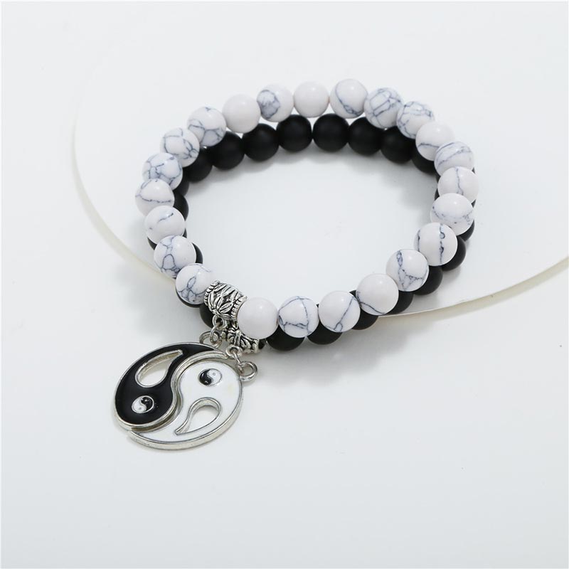 Bracelet couple Yin Yang en perles de turquoise blanche et onyx noir naturel 2 pièces Buddha Stones - image 5