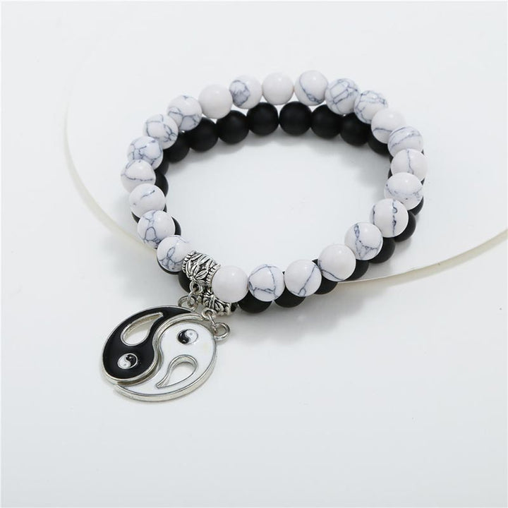 Bracelet couple Yin Yang en perles de turquoise blanche et onyx noir naturel 2 pièces Buddha Stones - image 5