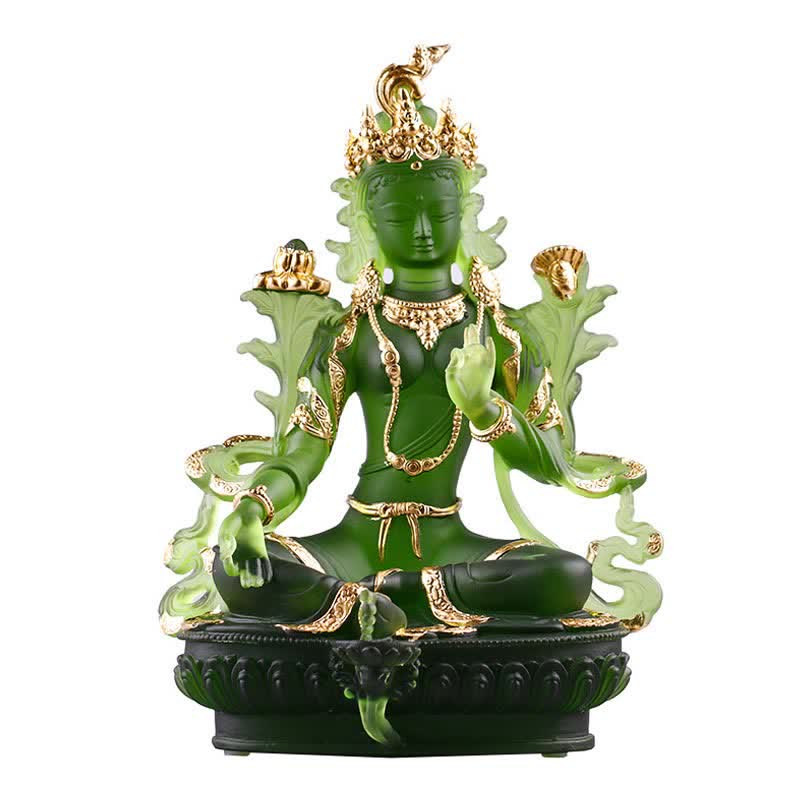 Buddha Stones Bodhisattva Tara verte Pièce d'art en cristal Liuli faite à la main Protection Maison Bureau Statue Décoration - 16 x 9,5 x 22 cm - Tara Verte Dorée - image 19