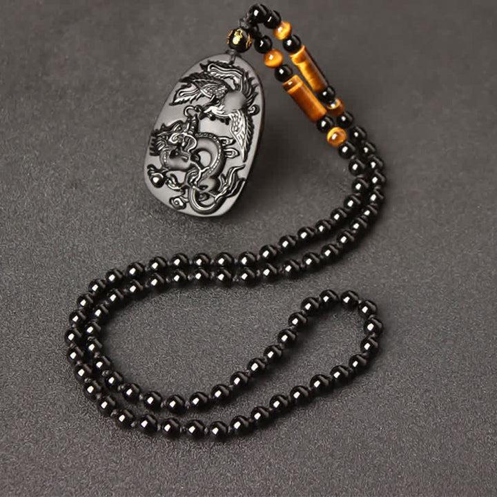 Collier avec pendentif en perles de protection en obsidienne noire œil de tigre dragon phénix - Chaîne de perles en obsidienne œil de tigre - image 12