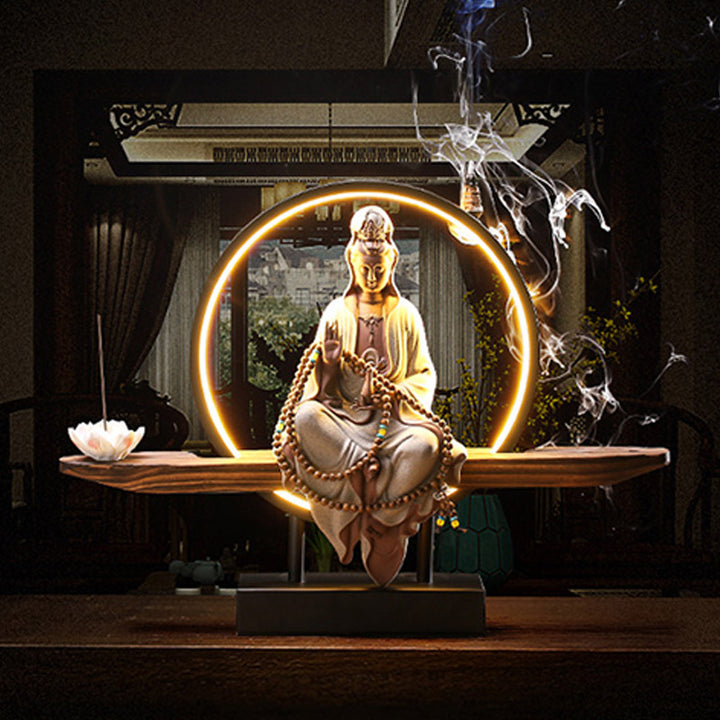 Buddha Stones Bouddha Avalokitesvara Céramique Lotus Relaxation Brûleur d'encens Décoration