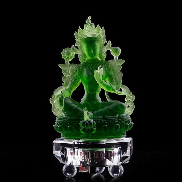Buddha Stones Bodhisattva Tara verte Pièce d'art en cristal Liuli faite à la main Protection Maison Bureau Statue Décoration - 8*6*12,8 cm - Tara verte et base - image 12