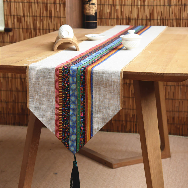 Chemin de table en coton et lin avec pompons, Buddha Stones, style chinois classique, lotus, poisson koï, fleur, grue, calligraphie, illumination - Beige coloré - 30 x 180 cm - image 0