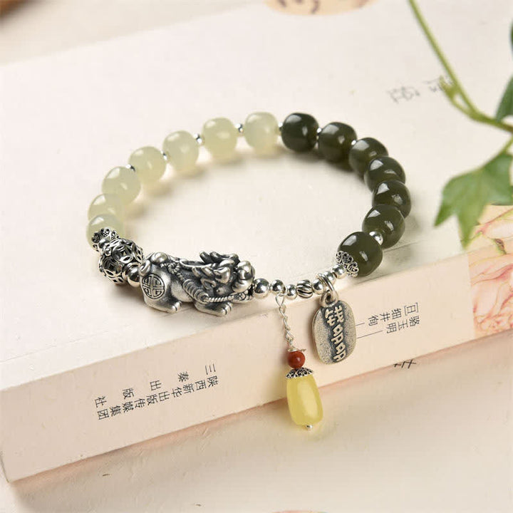 Bracelet porte-bonheur PiXiu en argent sterling 925 et jade Hetian naturel avec Buddha Stones