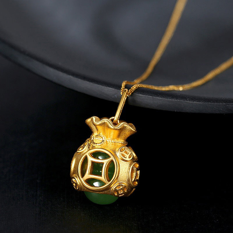 Collier pendentif en jade Buddha Stones et sac d'argent Feng Shui de bon augure