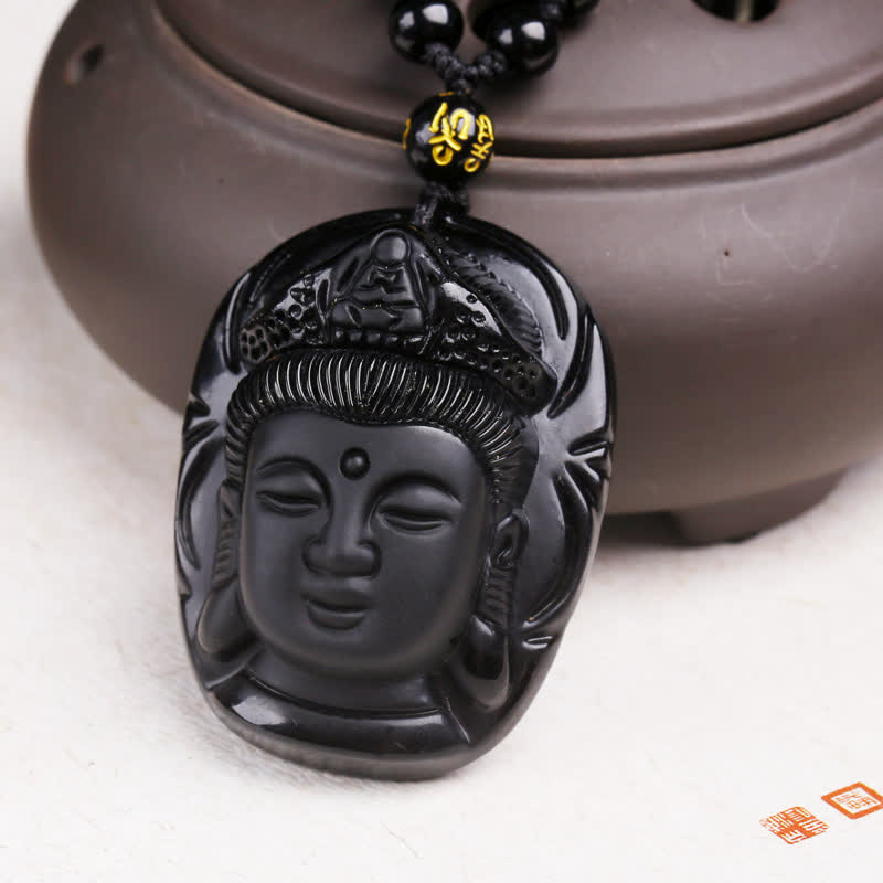 Collier avec pendentif en obsidienne noire naturelle en Buddha Stones Kwan Yin Avalokitesvara - image 9