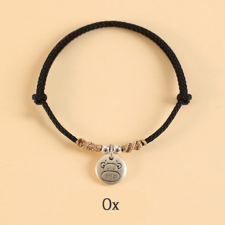 Bracelet tressé en argent sterling 999 fait main avec Buddha Stones Année du Dragon, joli signe du zodiaque chinois - Corde noire - Bœuf (tour de poignet 14-17 cm) - image 26