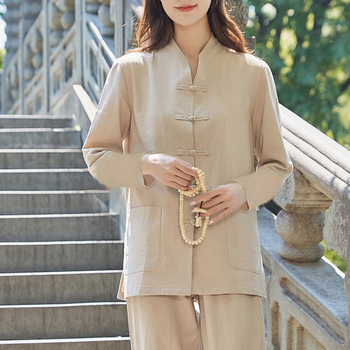 Buddha Stones Spirituelle Zen Pratique Yoga Méditation Prière Uniforme Coton Lin Vêtements Ensemble Femme - Kaki - US18，UK/AU22，EU50 (6XL) - image 12
