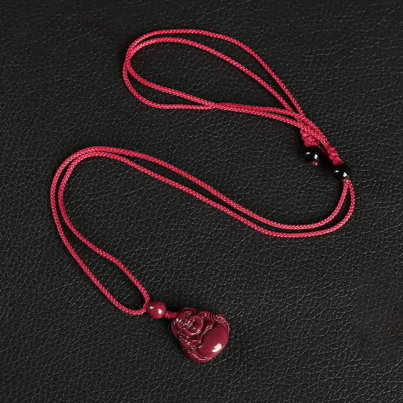 Buddha Stones Bouddha rieur en pierres de cinabre avec bénédiction, décoration suspendue pour téléphone, porte-clés - Collier - Rouge - image 3