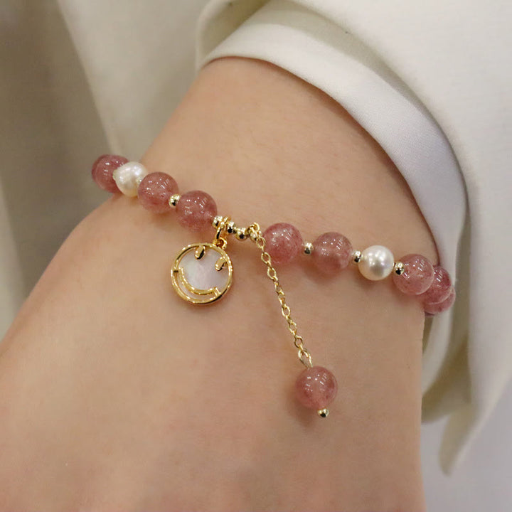 Bracelet de guérison à breloques en forme de queue de poisson avec Buddha Stones de quartz fraise et visage souriant d'élan