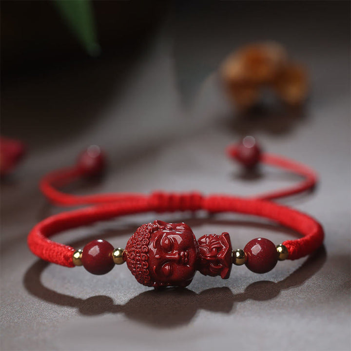 Bracelet en cordon avec amulette de bénédiction en cinabre et Buddha Stones du zodiaque chinois