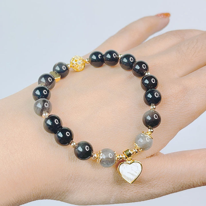 Bracelet de protection en obsidienne naturelle argentée avec Buddha Stones , cœur, étoile, fleur