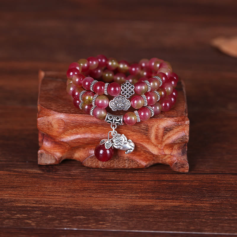 Bracelet triple tour positif en Buddha Stones, tourmaline pastèque naturelle PiXiu Elephant