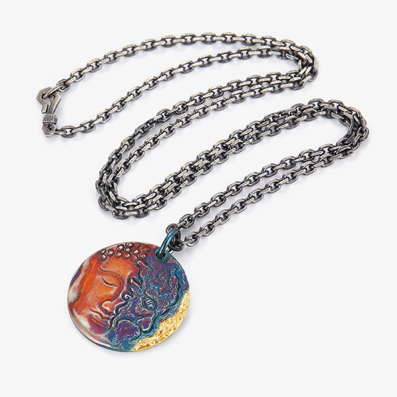 Collier pendentif de compassion moitié démon moitié bouddha en argent sterling 999 et or 24 carats avec Buddha Stones