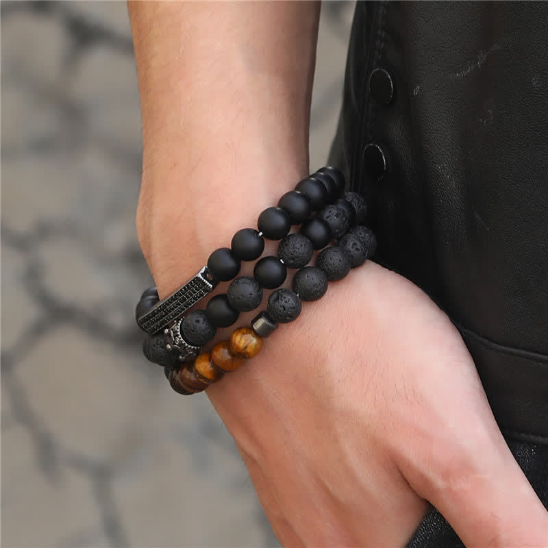 Bracelet d'activation en pierre de lave givrée avec œil de tigre, 3 pièces, Buddha Stones