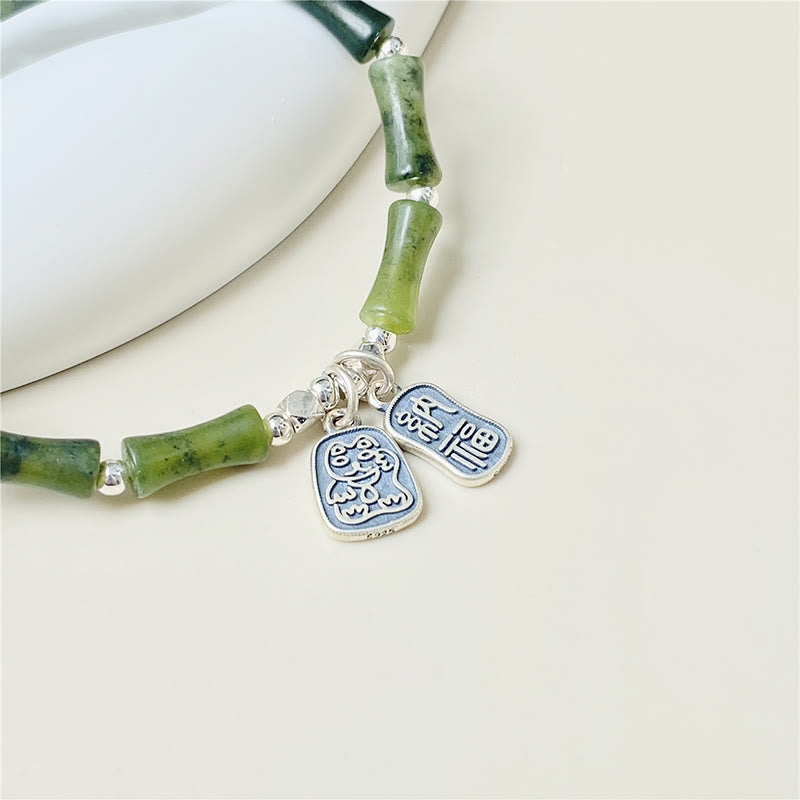 Bracelet en argent sterling 925 Buddha Stones et jade en bambou, chat porte-bonheur, personnage Fu, chance et abondance - image 3