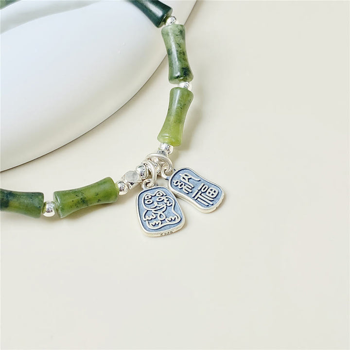 Bracelet en argent sterling 925 Buddha Stones et jade en bambou, chat porte-bonheur, personnage Fu, chance et abondance - image 3