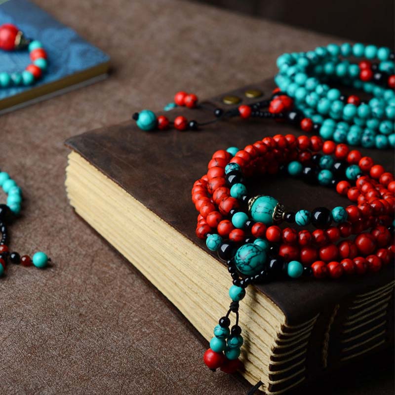 Bracelet de protection en perles de turquoise rouge et onyx noir Buddha Stones