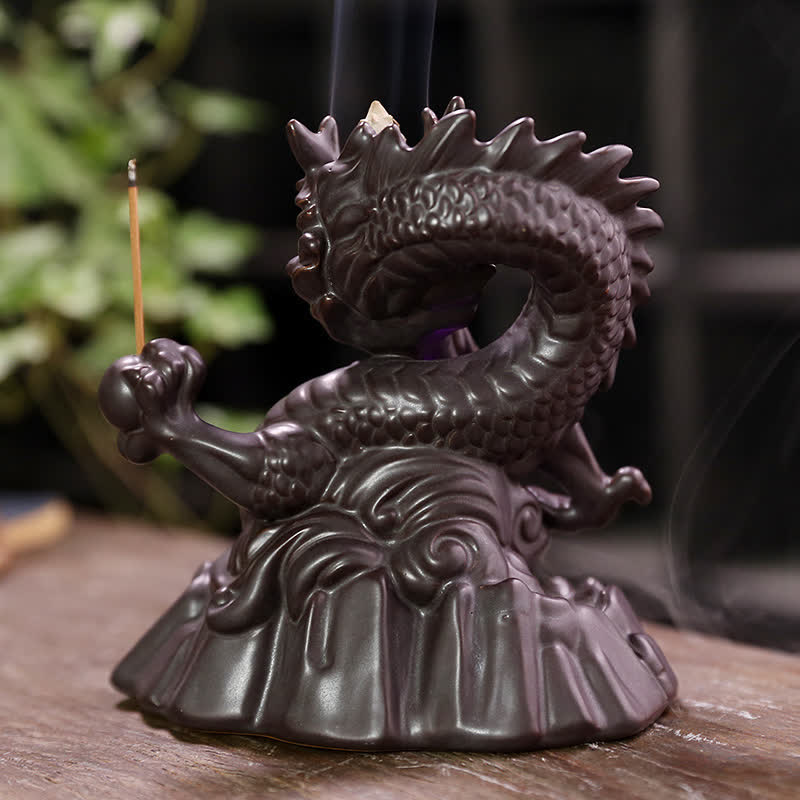 Fontaine à fumée à reflux en céramique avec Buddha Stones et dragon de bon augure, brûleur d'encens de guérison et de méditation, boule à LED décorative