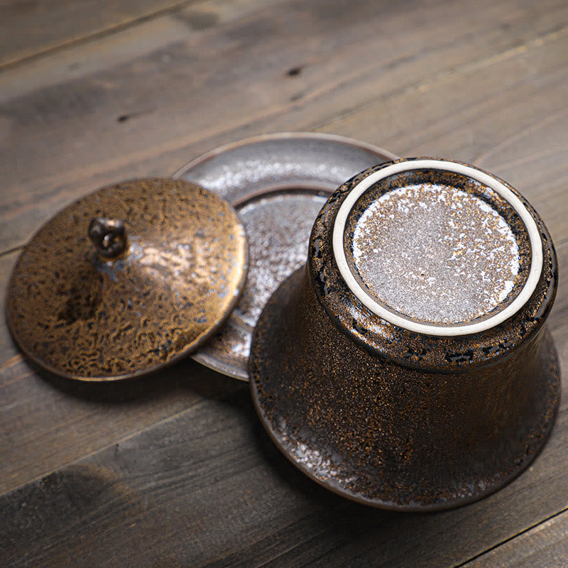 Tasse à thé et soucoupe en céramique émaillée rouille rétro Buddha Stones Gaiwan Sancai Tasse à thé Kung Fu avec couvercle