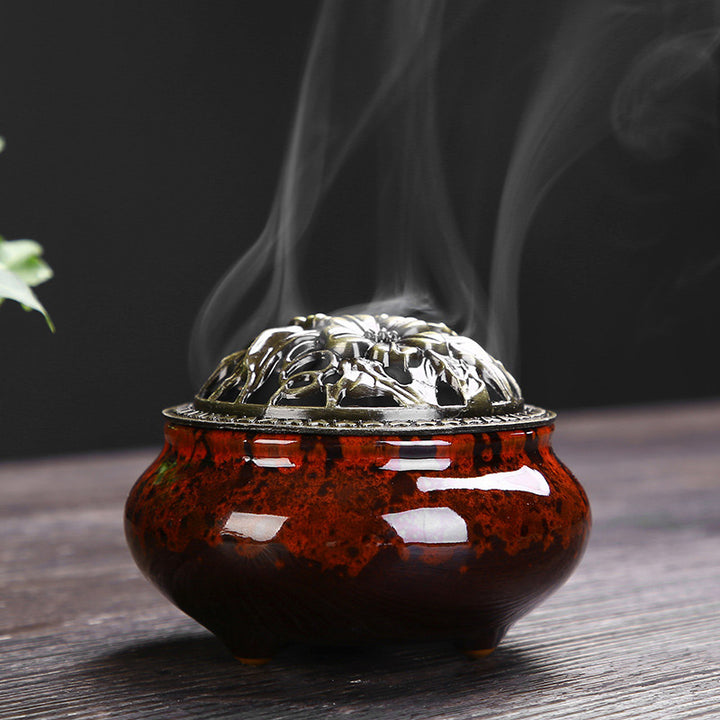 Brûleur d'encens en céramique à motif de fleurs et de Buddha Stones