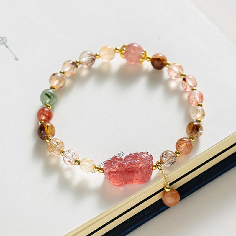 Bracelet de richesse PiXiu en quartz rutile naturel et quartz fraise Buddha Stones