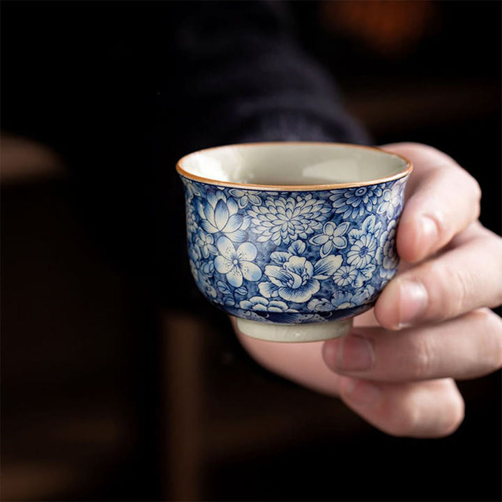Buddha Stones Vintage Lotus Pivoine Fleur de Prunier Chrysanthème Tasse à Thé en Céramique Tasses à Thé