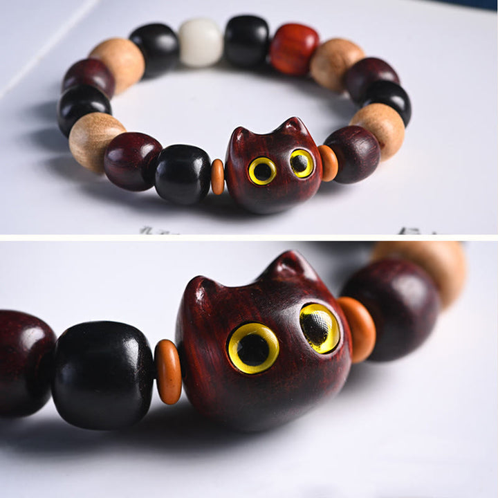 Bracelet de protection gravé en bois de santal rouge et ébène avec petites feuilles de Buddha Stones et chat mignon - image 17