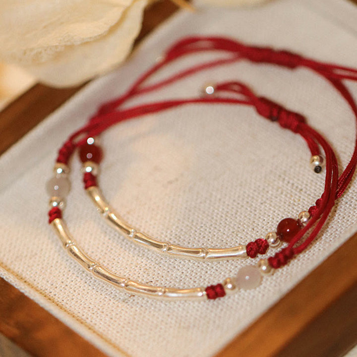 Bracelet tressé en argent sterling 925 avec perles d'agate blanche et d'agate rouge en bambou et pierres de Buddha Stones